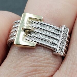 Sterling Silver Belt Buckle Ring with Diamond Accents